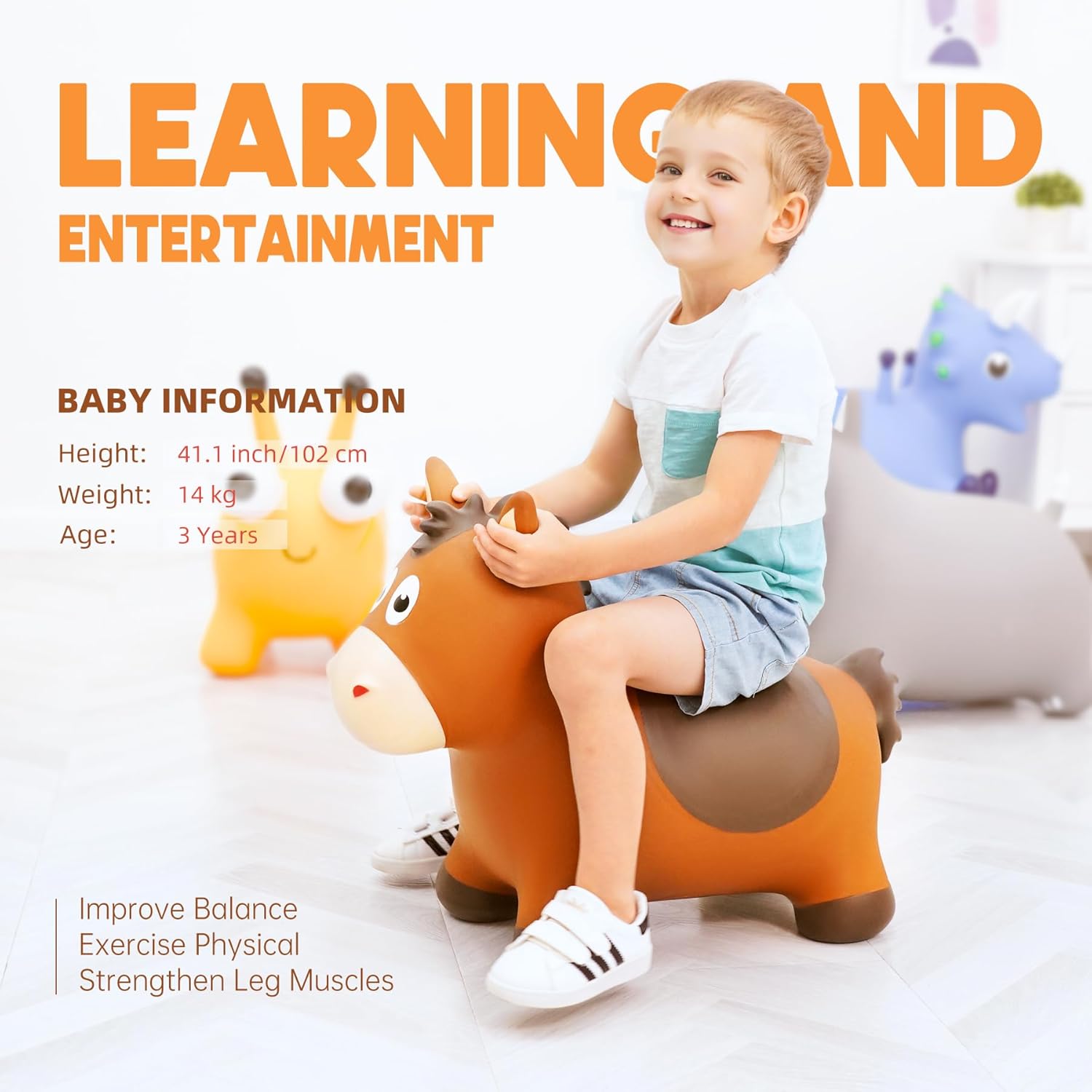 ZOOJOY Bouncy Horse Hopping Toys, Inflatable Animal Horse Toys for Toddlers, Outdoor Indoor Bounce and Ride On Bouncer for Boys Girls, Birthday Gifts for 18 Months 2 3 4 5 6 Year Old with Pump